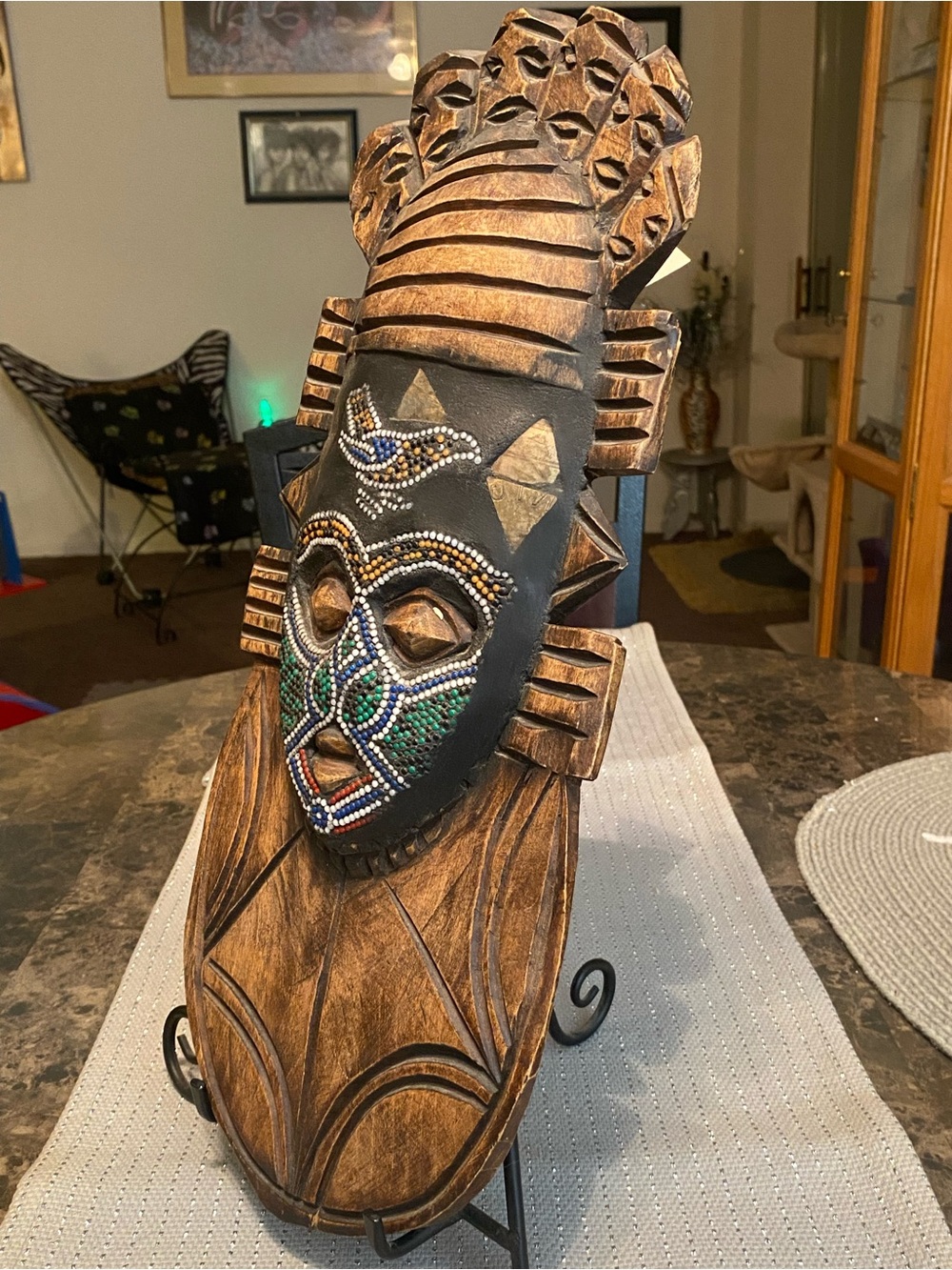 African Hand-Carved Tribal Mask Wall Art with Green and Brown Bead Accents